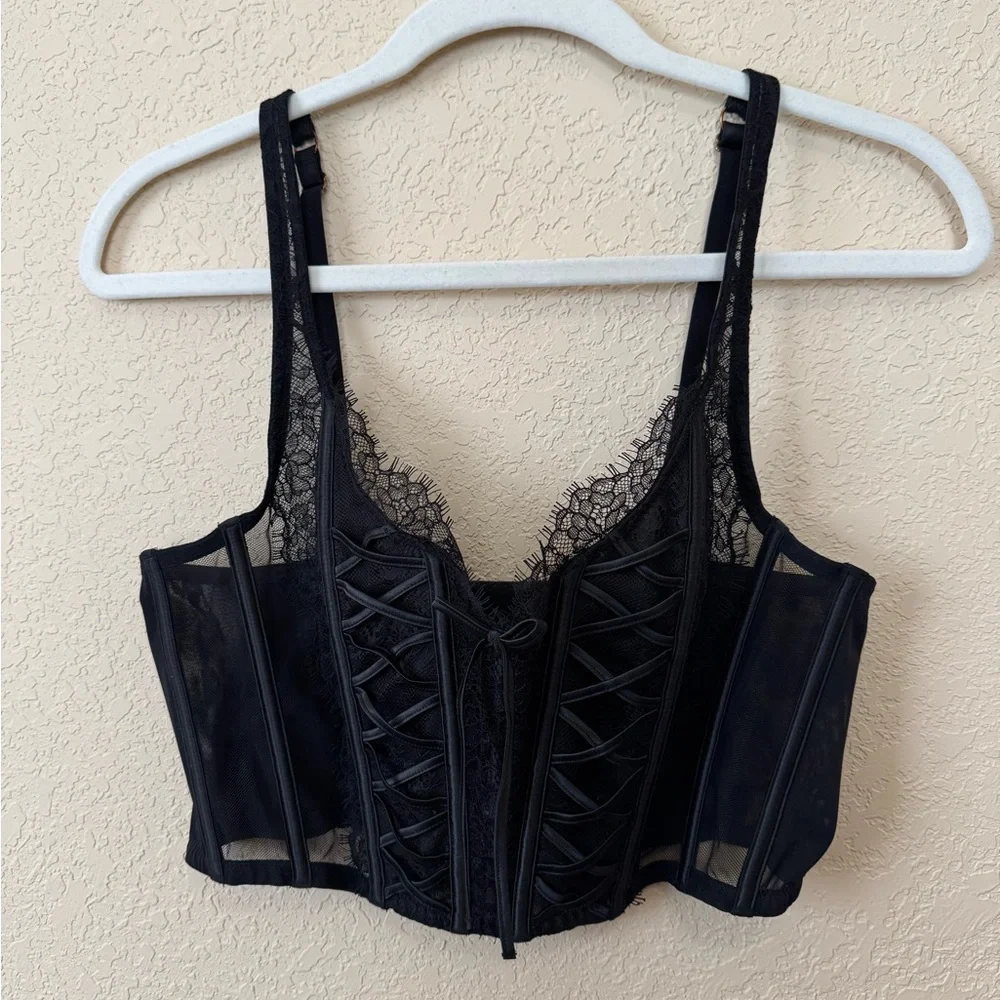 Victoria's Secret Dream Angels unlined black lace-up corset top, Size Large - Picture 1 of 12
